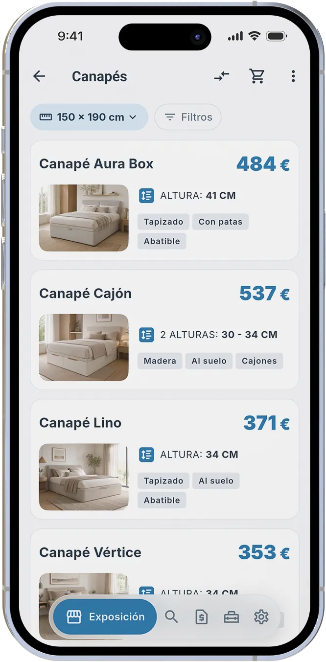 Pantalla real de RestQ en un iPhone con un listado de canapés, precios por medida, filtros y disponibilidad