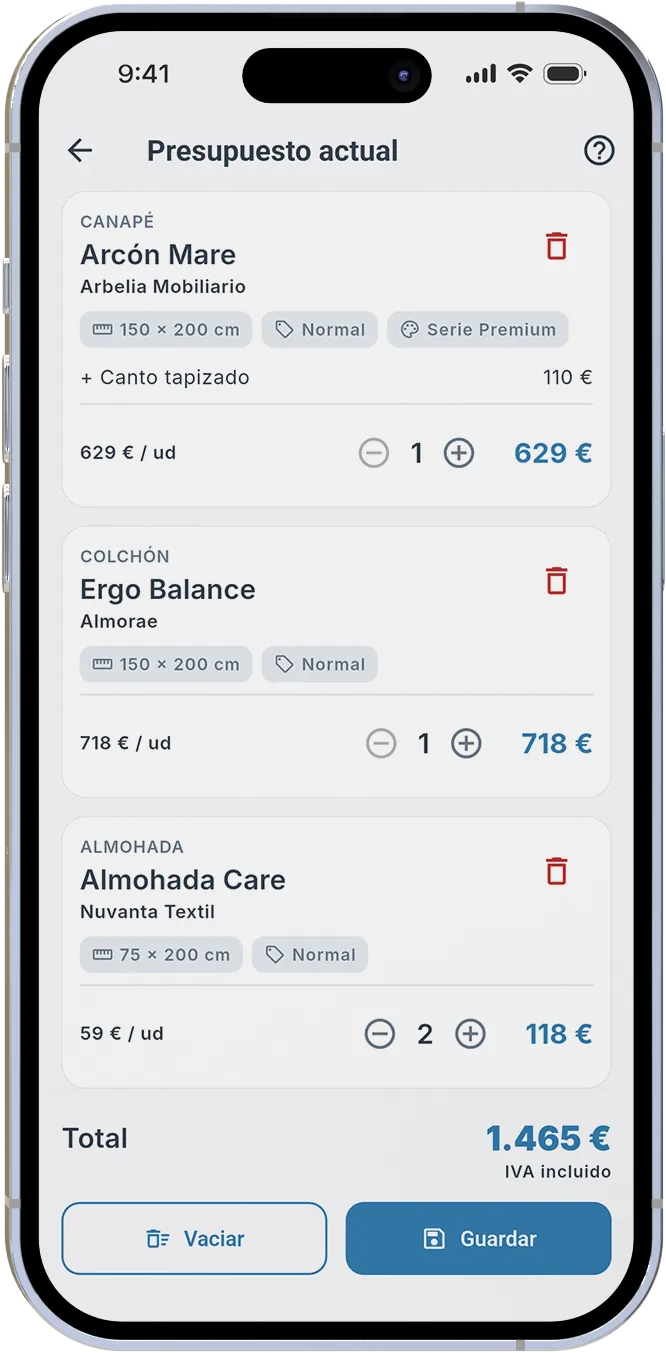 Pantalla real de RestQ en un iPhone con un presupuesto de canapé, colchón y almohadas, cantidades e importe total